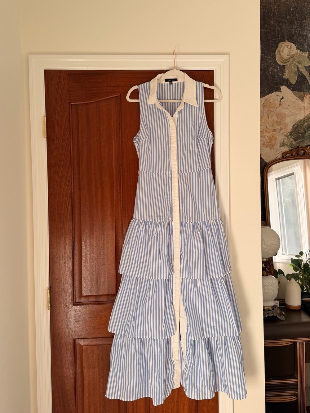 Sleeveless Blue & White Striped Tiered Maxi Dress
